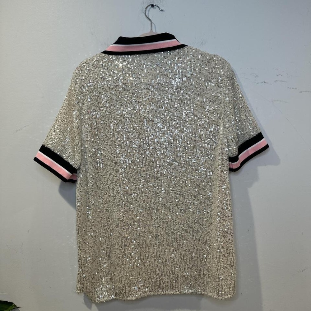 Silver sequin polo shirt with pink and black trim NEW LARGE - Picture 3 of 7